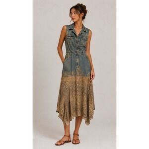 Jeanology Denim Leopard Print Lace Mixed Maxi Dress Y2K Grunge Fairy L Eclectic